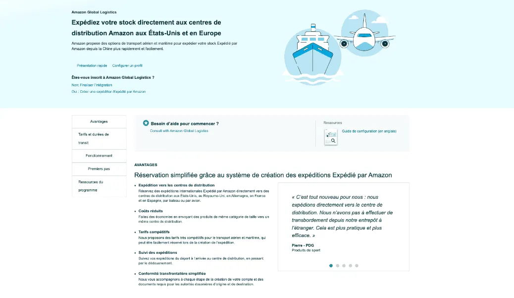page d'accueil d'Amazon Global Logistics