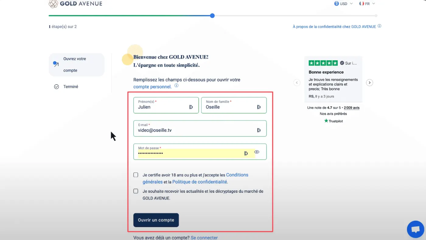 Les informations requises pour ouvrir un compte sur Gold Avenue