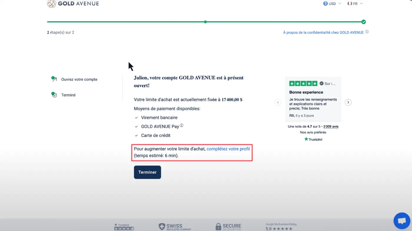 Complétez votre profil pour une plus grande quantité de métaux précieux sur Gold Avenue