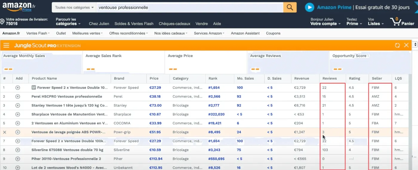Analyse de la niche des ventouses profesionnelles sur Amazon avec l'extension Chrome Jungle Scout