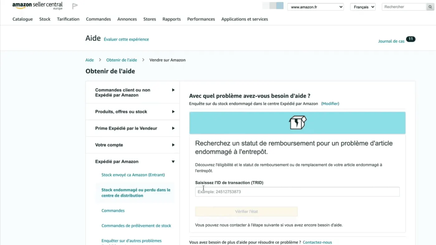 Seller Central -réclamation de stock endommagé