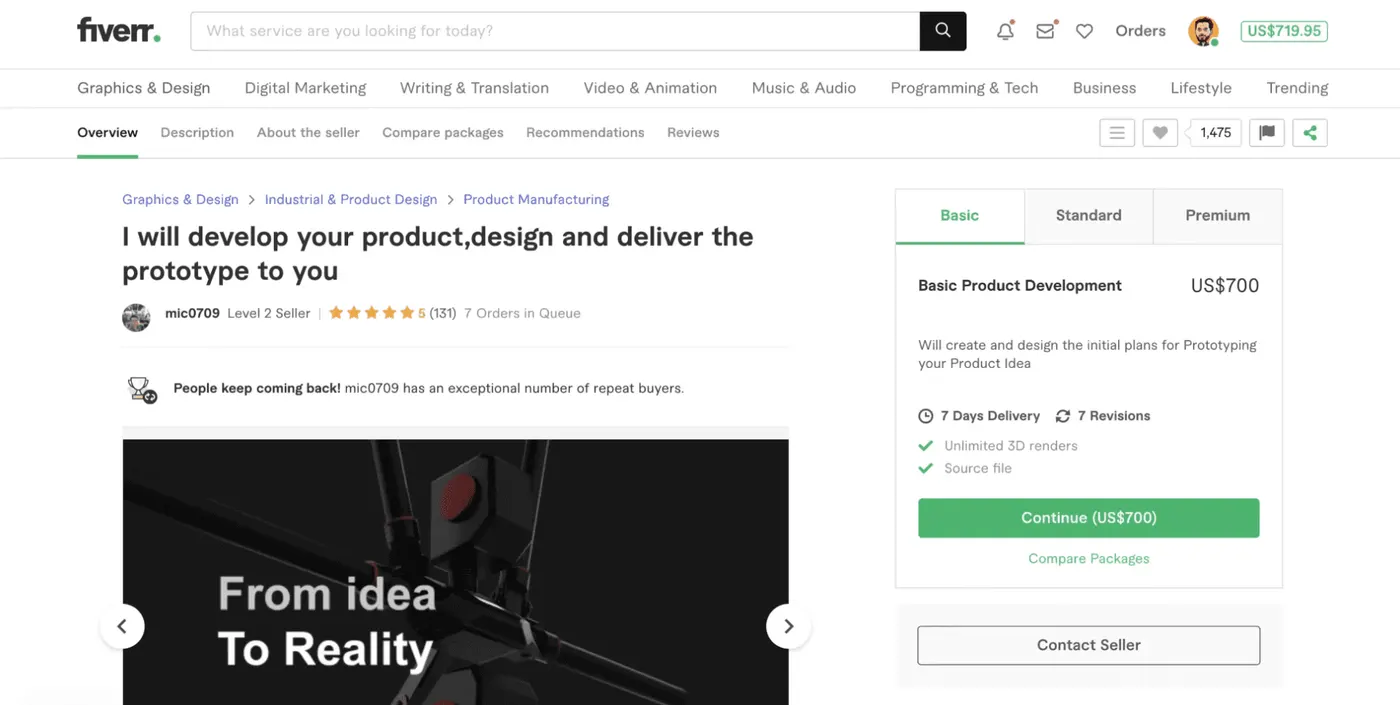 Un prestataire en design industriel sur Fiverr