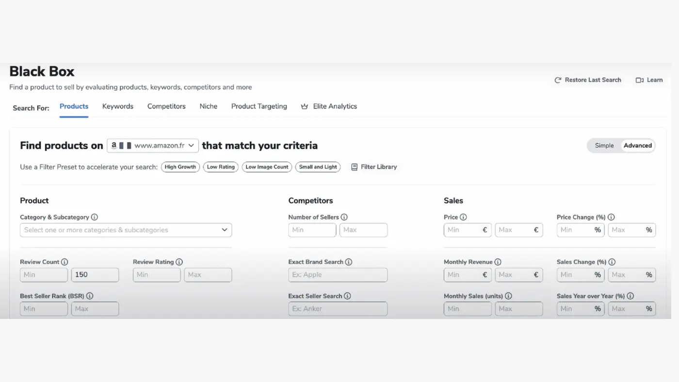 Helium 10 chrome extension product research Black Box