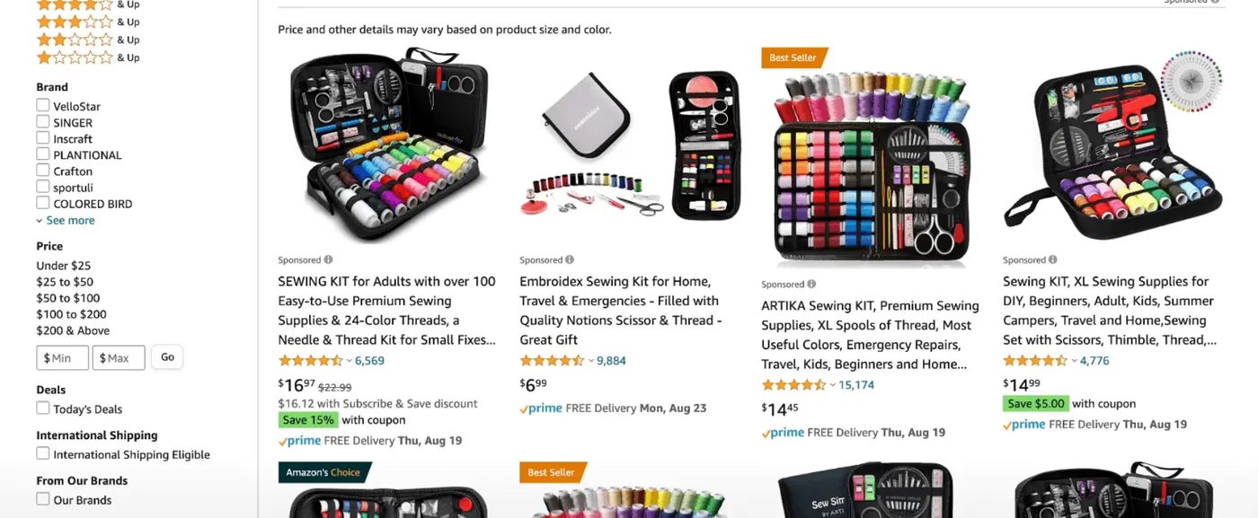 Exemples de listings de kits de couture sur Amazon 2024