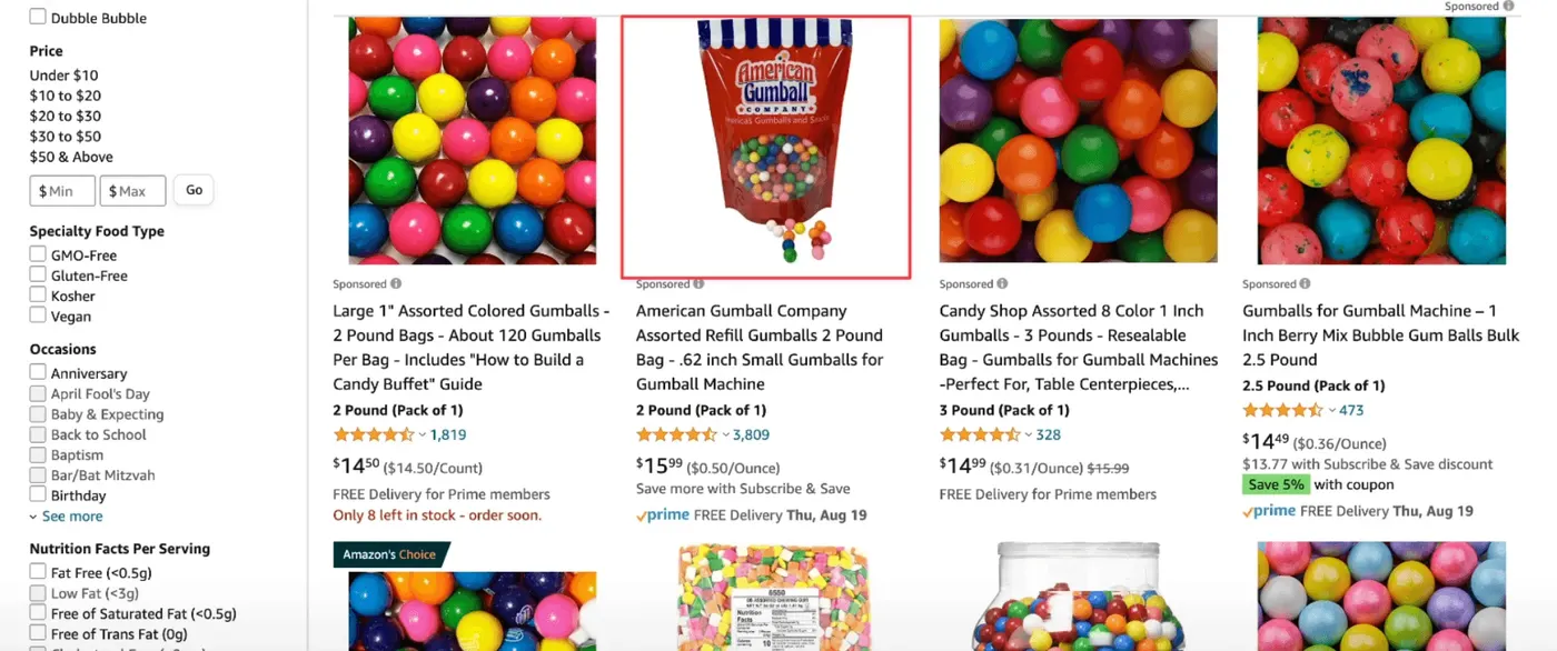 Photo principale imparfaite du listing Gumball illustrant un packaging incliné et un éclairage médiocre