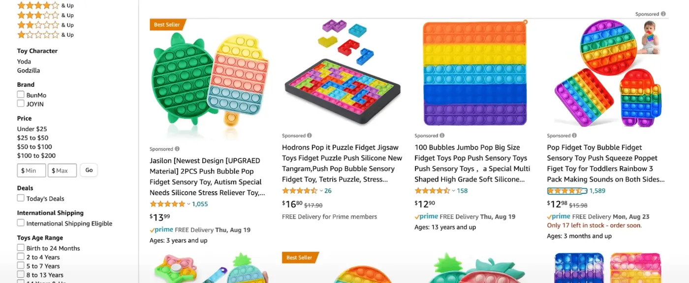 Pop Bubble exemples de produits éphémères sur Amazon