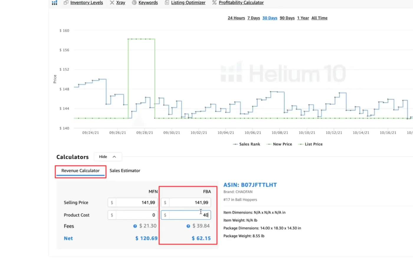 Exemple de calcul avec le Revenue Calculator de l'extension helium 10
