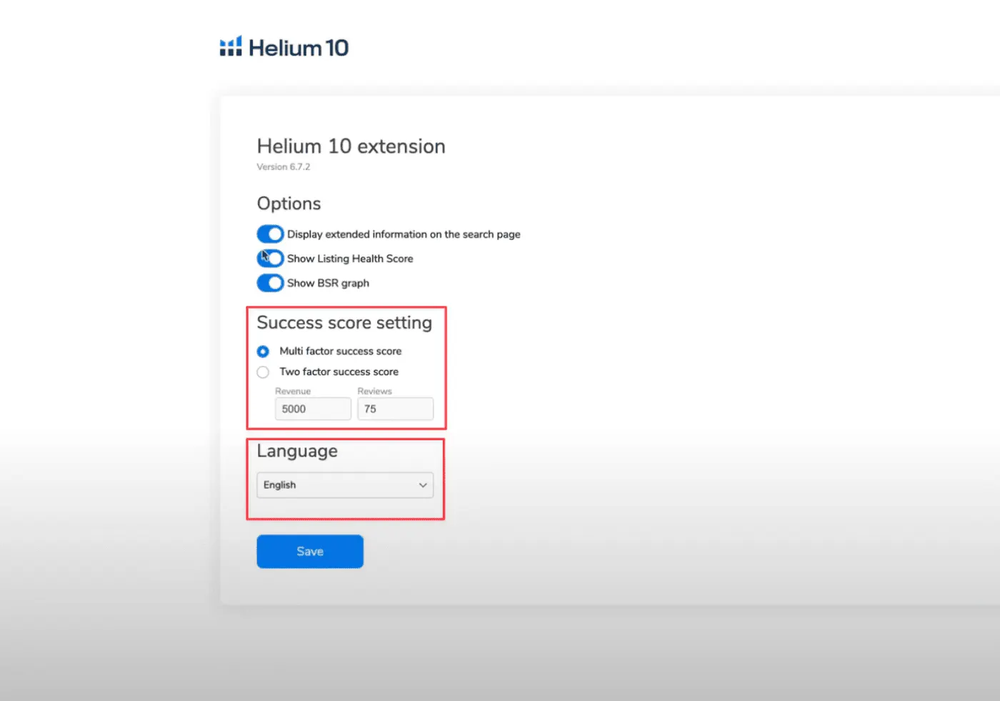 Réglages du Success Score et Choix de Langue de l'extension Helium 10
