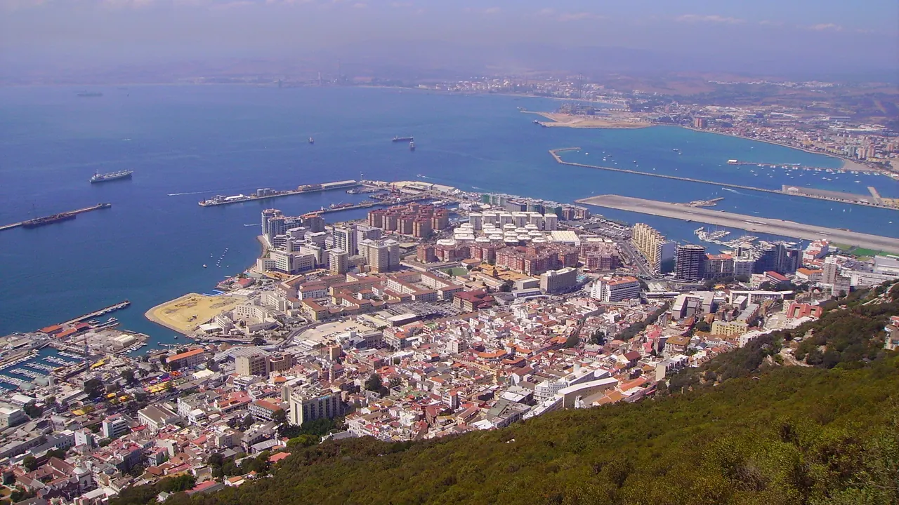 Vue de la ville et du port de Gibraltar depuis le Rocher, avec la baie d'Algésiras et des cargos au mouillage