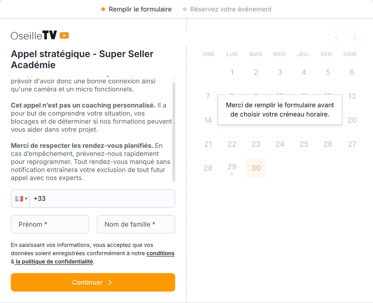 Aperçu de la réservation d'un appel stratégique — Super Seller Académie