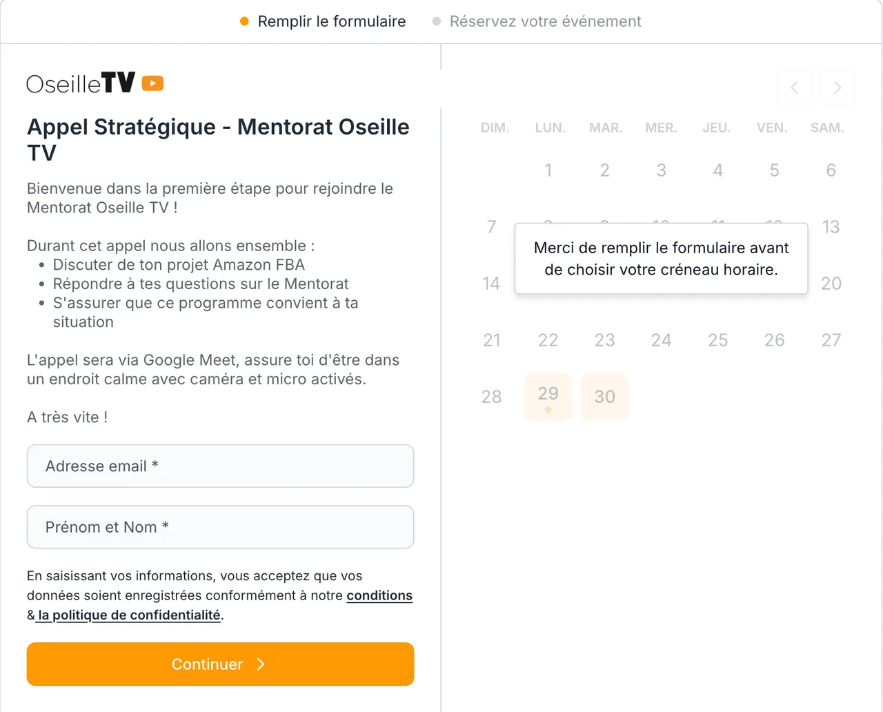 Aperçu de la réservation d'un appel stratégique — Mentorat Oseille TV