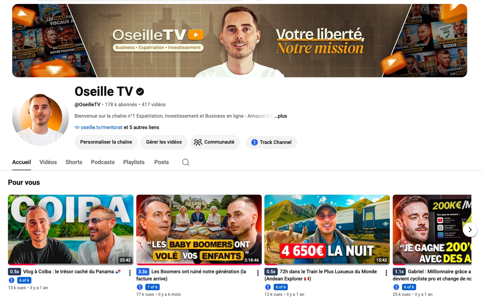 La chaîne YouTube Oseille TV : page d'accueil avec ses vidéos les plus populaires