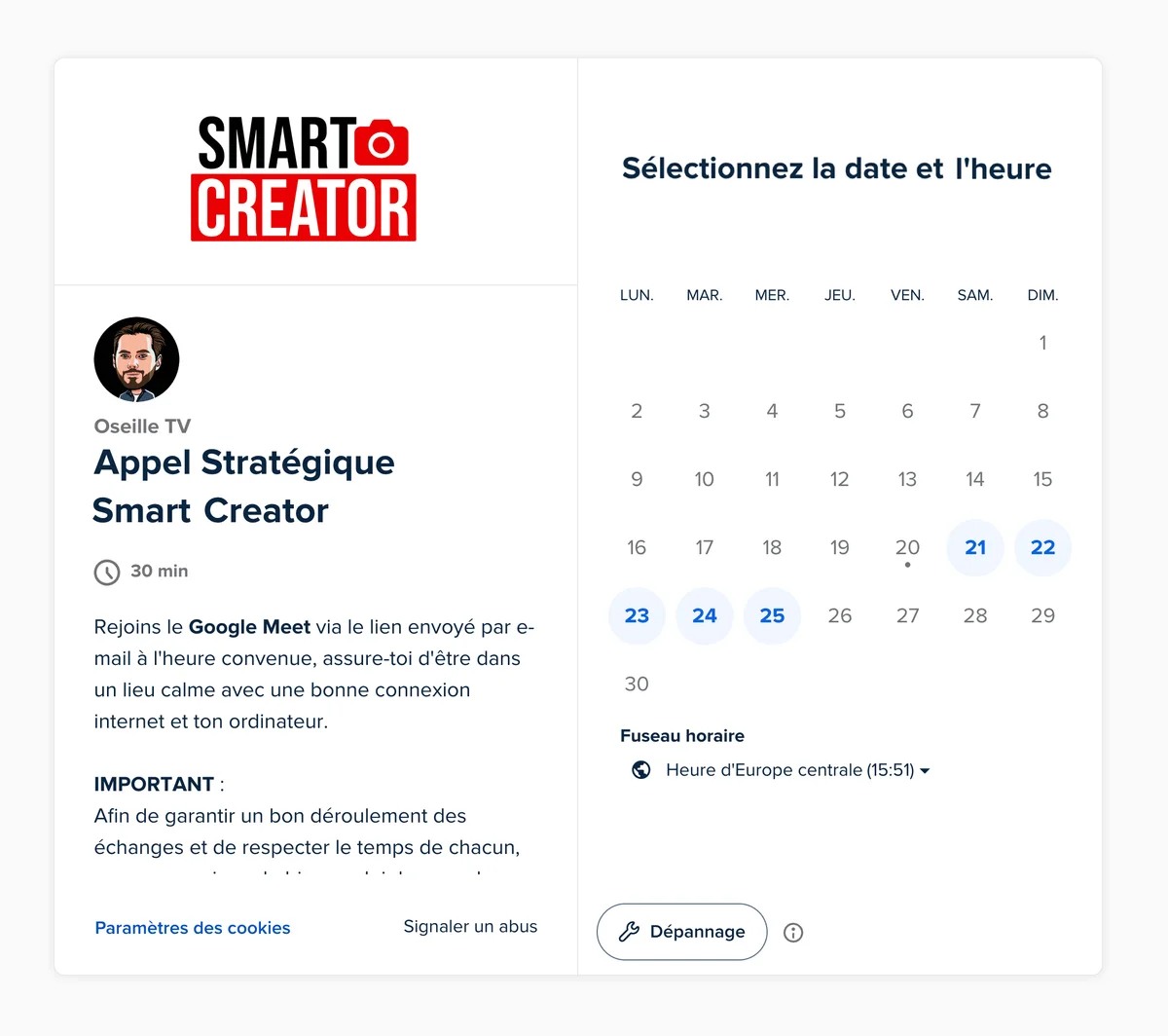 Aperçu de la page de réservation de l'appel stratégique Smart Creator (Calendly)