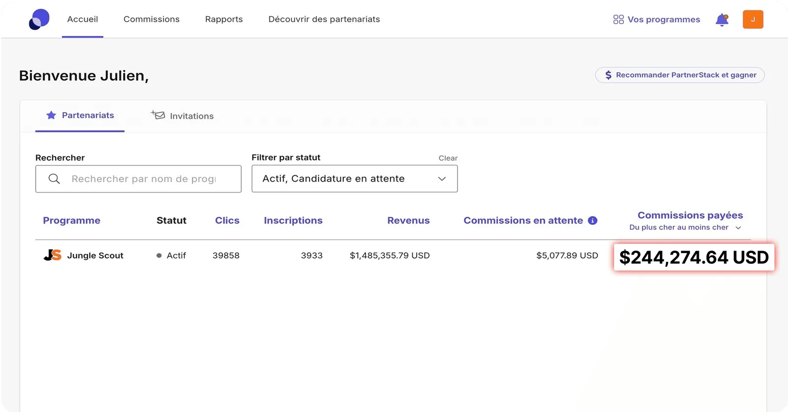 Tableau de bord PartnerStack montrant 244 274,64 $ de commissions payées sur le programme d'affiliation Jungle Scout.